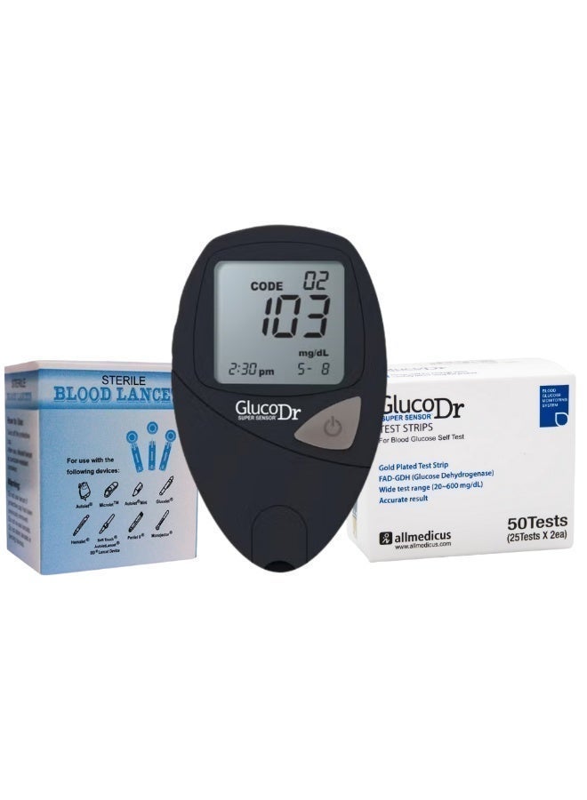 Gluco Dr FULL CARE BUNDLE: Gluco Dr Super Sensor Blood Glucose Meter + 75 Super Sensor Strips + FREE GIFT: 100 Sterile Lancets - Image 1